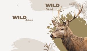 Wild red deer on a white abstract backdrop with floral and brushstroke patterns