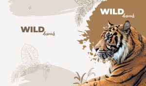 Wild tiger on a white abstract backdrop with floral and brushstroke patterns