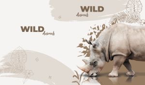 Wild rhino on a white abstract backdrop with floral and brushstroke patterns