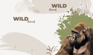 Wild gorilla on a white abstract backdrop with floral and brushstroke patterns