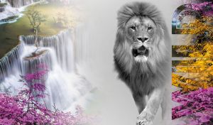 Black-and-white lion against ethereal cascading waterfall and vibrant foliage
