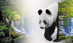 Black-and-white panda against ethereal waterfall in a lush green jungle