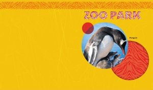 A portrait of a Gentoo penguin family in a circle on a vibrant yellow backdrop