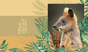 Cute wallaby portrait on a soft ocher color palette with tropical leaves