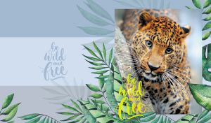 North-Chinese leopard portrait on a soft grey color palette with tropical leaves