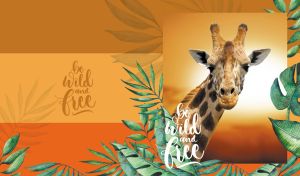Northern giraffe portrait on a soft orange color palette with tropical leaves