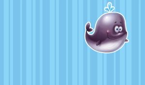 Sticker of a cartoon whale with a happy smile stuck to pastel blue wallpaper