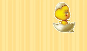 Sticker of a cartoon chicken with a happy smile stuck to pastel yellow wallpaper