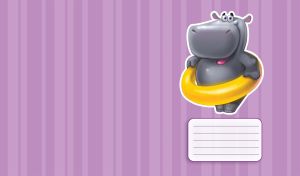 Sticker of a cartoon hippo with a happy smile stuck to pastel purple wallpaper