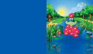 A frog in a water with flowers, reeds and forrest behind with sun above head