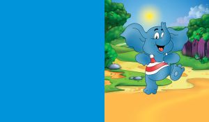 Happy jumping blue elephant in red stripes t-shirt with forrest in the background