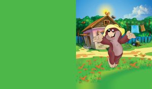 Happy jumping bear in yellow hat, by its house and green forrest behind