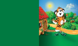 Happy jumping tiger by its house with berry bushes in the background