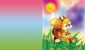 Curious brown squirrel sits on a stump with green grass and sun smiling above