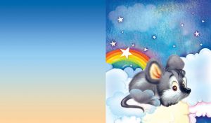 Gray mouse with pointy nose sitting on clouds with rainbow and stars behind