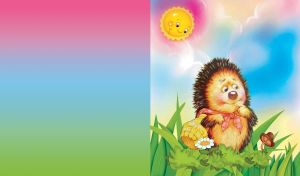 Curious hedgehog holding basket in a green grass, sun smiling above