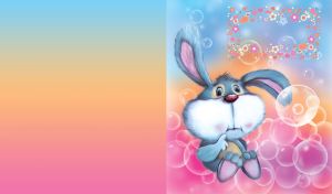 Gray curious bunny with big eyes sitting on bubbles on a pink blue background