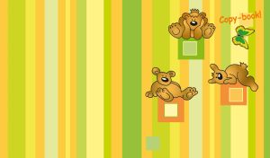 Three bears rest on squares on vertical striped green yellow orange pattern
