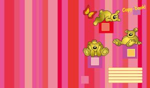 Three bears rest on squares on vertical striped red and pink pattern