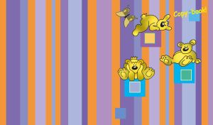 Three bears rest on squares on vertical striped purple orange pattern