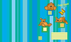 Three bears rest on squares on vertical striped cyan blue teal pattern