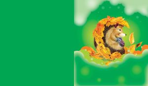 Cute little hedgehog covered with orange autumn leaves sitting on green clouds