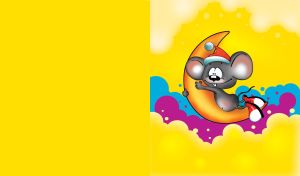 Cute mouse, wearing red Santa hat and hugging the moon over yellow clouds