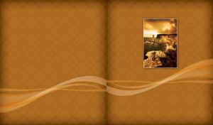 Picture of rocky shore in sepia hue on an ocher seamless vintage batik fabric
