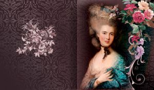 18th-century beauty with high-pinned hair and floral decor on a dark purple