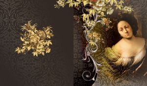 18th century beauty with a thoughtful look and flower decor on a dark brown
