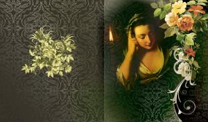 18th century beauty fixing her hair and floral decor on a dark green