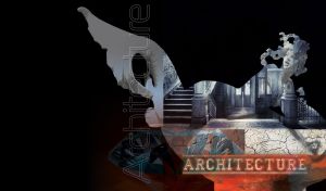 Statue of a singing mermaid covered with a projection of an entrance hall