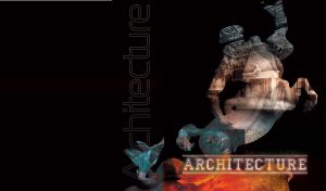 Statue of a rearing up centaur covered with a projection of an empty room