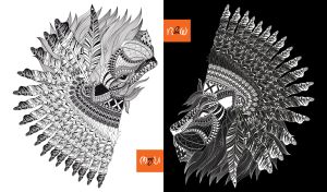 Zentangle lions in headdresses of feathers on black and white backdrops