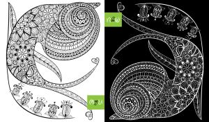 Zentangle abstract snails and bellflowers on black and white backdrops