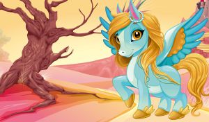 Magical pegasus with teal wings and a golden mane in a yellow-pink desert