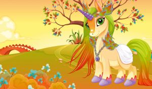 Magical unicorn with a orange -live mane on the road under a yellow sky