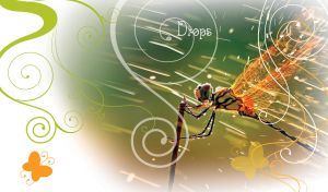 A dragonfly with orange wings in the raindrops and white swirl stencils
