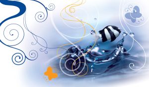 A three stripe damselfish jumps over the blue water with white swirl stencils