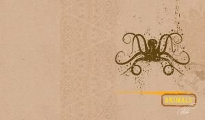 Dark olive stencil of a wild octopus on a tan parchment with an african pattern