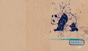 Navy blue stencil of a wild panda on a tan parchment with an african pattern