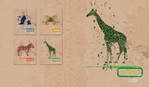 Dark green stencil of a wild giraffe on a tan parchment with an african pattern