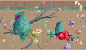 Flowers, teal hummingbirds, and butterflies embroidered on beige textured fabric
