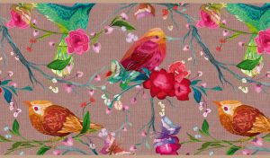 Flowers, red canaries, and butterflies embroidered on beige textured fabric