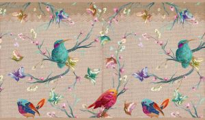 Flowers, red and teal birds and butterflies embroidered on beige textured fabric