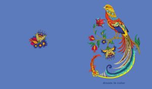 Colorful embroidered pheasant on a branch with floral elements on pastel navy