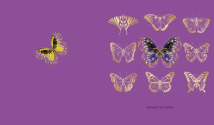 Collection of golden butterflies with intricate patterned wings on purple