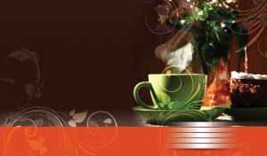 Green porcelain cup next to a chocolate cake and flowers in an orange vase