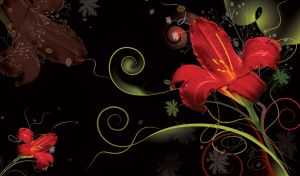 Scarlet red lily contrasts with black background of green floral patterns