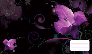 Violet gladiolus contrasts with black background of purple floral patterns